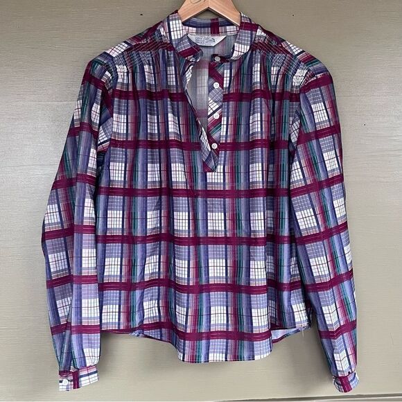 Vintage Plaid 1/4 Button Semi-Sheer Blouse Cape Cod Match Mates Patriotic - Picture 3 of 9